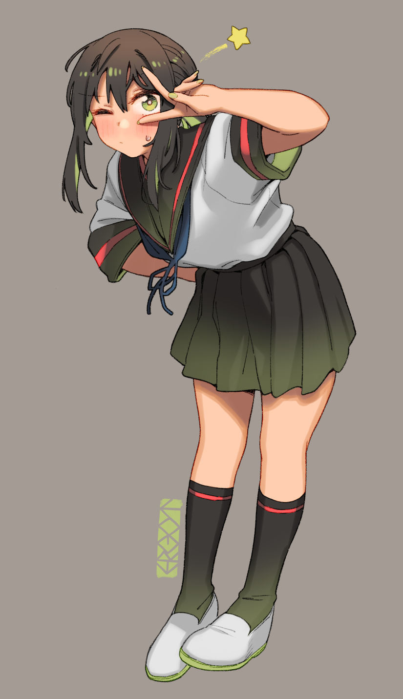 1girl, artist_logo, artist_name, black_hair, black_sailor_collar, black_skirt, black_socks, blush