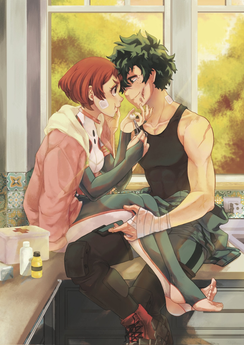 1boy, 1girl, bad_source, black_shirt, blush, boku_no_hero_academia, brown_eyes, brown_hair, chair, couple, desk, feet, green_eyes, green_hair, highres, jacket, lorito_art, midoriya_izuku, pink_jacket, plant, shirt, sitting, stirrup_legwear, the_lovers_(tarot), toeless_legwear, toes, uraraka_ochako, window