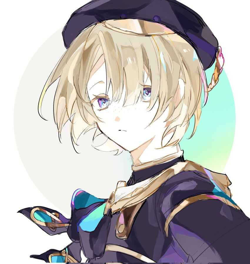 1boy, asymmetrical_bangs, beret, black_headwear, blonde_hair, blue_eyes, closed_mouth, do9_8ni8