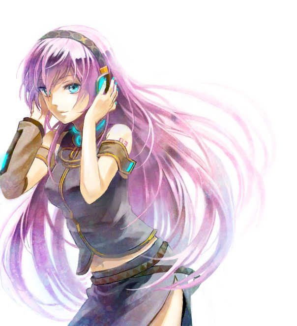 bad_id, blue_eyes, hands_on_headphones, headphones, koromono, long_hair, megurine_luka, midriff