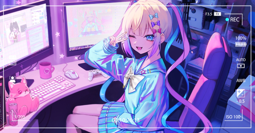 1girl, absurdres, ame-chan_(needy_girl_overdose), blonde_hair, blue_bow, blue_eyes, blue_hair, blue_shirt, blue_skirt, blush, bow, can, chouzetsusaikawa_tenshi-chan, commentary_request, computer, controller, cup, game_controller, hair_bow, hair_ornament, heart, heart_hair_ornament, highres, holographic_clothing, indoors, keyboard_(computer), long_hair, long_sleeves, looking_at_viewer, mizuiro_abokado, monitor, mouse_(computer), multicolored_hair, multiple_monitors, needy_girl_overdose, one_eye_closed, open_mouth, pink_bow, pink_hair, pleated_skirt, purple_bow, quad_tails, sailor_collar, school_uniform, serafuku, shirt, sitting, skirt, smile, soda_can, solo, star_(symbol), stuffed_animal, stuffed_toy, twintails, v, very_long_hair, viewfinder, yellow_bow