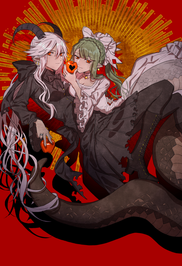 2girls, apple, black_bow, black_dress, black_footwear, black_horns, black_pantyhose, black_ribbon