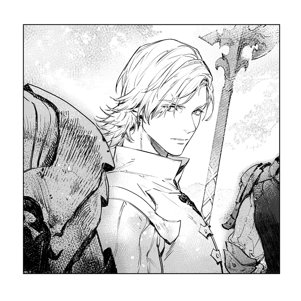 armor, bladed_lance, collarbone, dion_lesage, eyes_visible_through_hair, final_fantasy, final_fantasy_xvi, greyscale, hair_between_eyes, halberd, holding, holding_polearm, holding_weapon, looking_at_viewer, monochrome, polearm, short_hair, solo, vest, weapon, white_vest, xiling