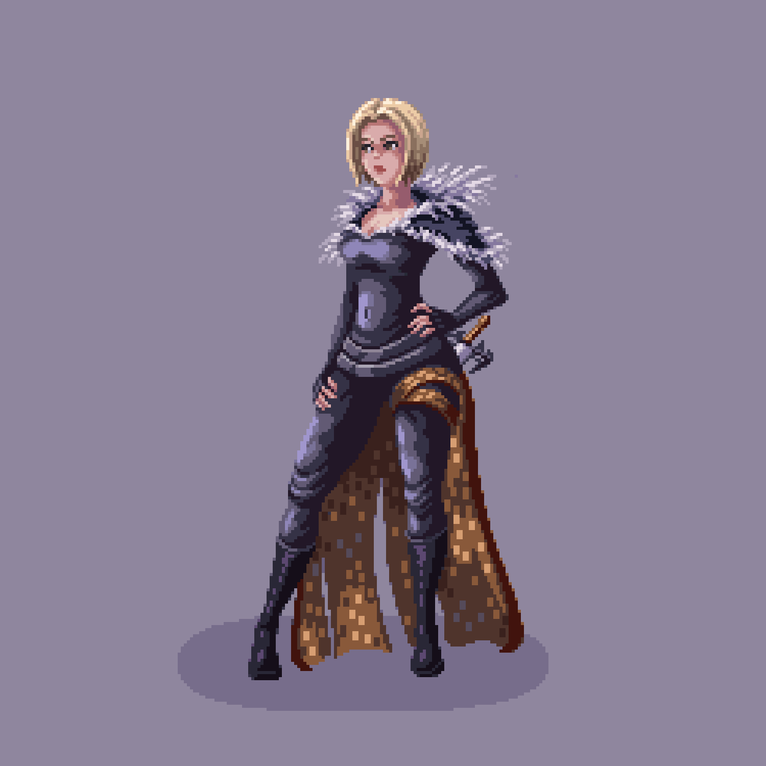 1girl, benedikta_harman, black_pants, blonde_hair, cape, capelet, coat, final_fantasy, final_fantasy_xvi, fingerless_gloves, full_body, fur-trimmed_cape, fur-trimmed_capelet, fur-trimmed_coat, fur_collar, fur_trim, gloves, hand_on_own_hip, highres, jacket, leather, leather_jacket, leather_pants, looking_to_the_side, pants, pixel_art, pixel_art_journey, purple_background, short_hair, simple_background, skirt, solo, standing, sword, tight_clothes, weapon
