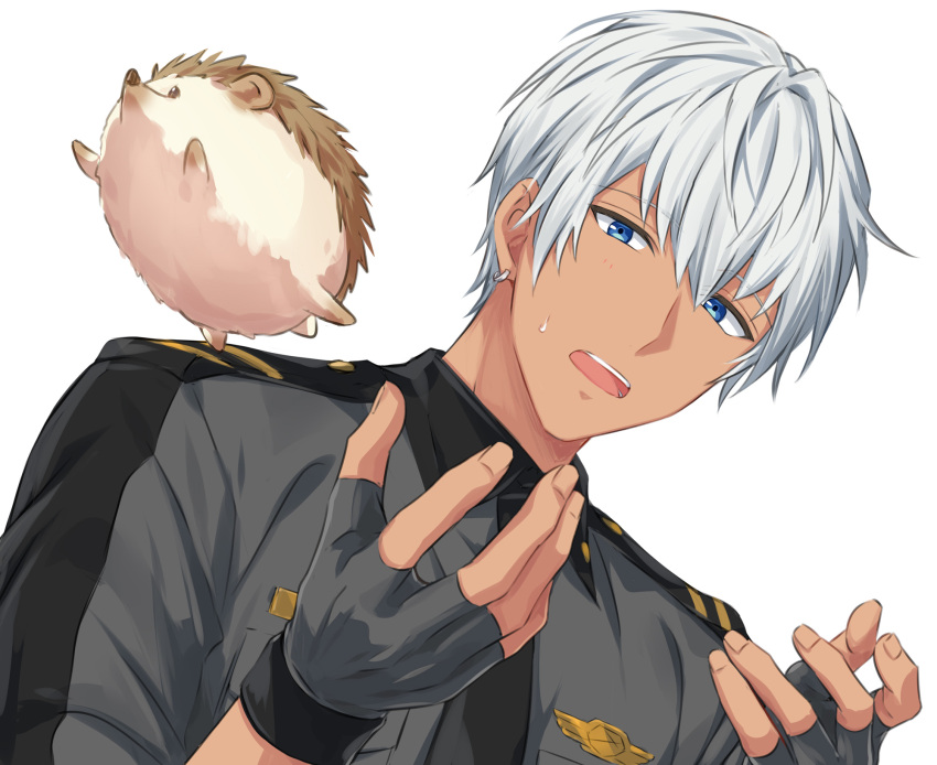 1boy, blue_eyes, commentary_request, earrings, fingernails, gloves, grey_gloves, grey_hair