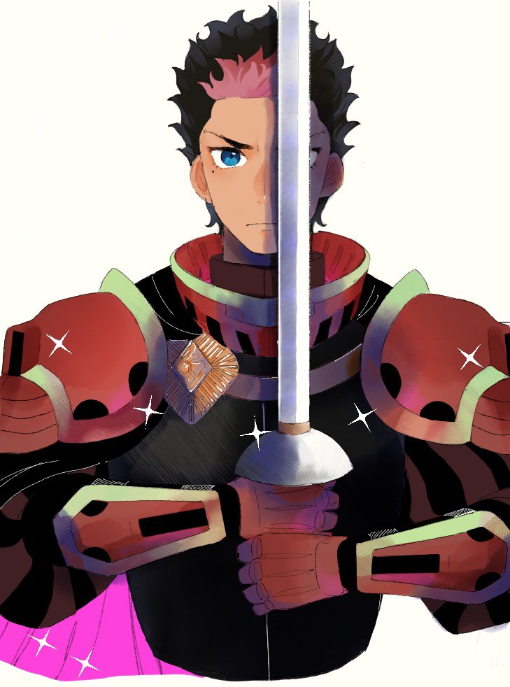 1boy, armor, black_hair, blue_eyes, closed_mouth, cosplay, darilbalde, darilbalde_(cosplay), gloves, guel_jeturk, gundam, gundam_suisei_no_majo, holding, holding_weapon, knight, kudanmouwasa, looking_at_viewer, male_focus, multicolored_hair, pauldrons, pink_hair, red_gloves, short_hair, shoulder_armor, solo, sparkle, sword, two-tone_hair, upper_body, weapon