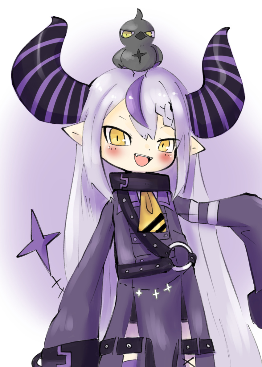 1girl, animal_on_head, ascot, bird, bird_on_head, black_bird, blush, braid, crow_(la+_darknesss), demon_horns, doneru, highres, hololive, horns, la+_darknesss, light_purple_hair, long_hair, multicolored_hair, on_head, open_mouth, pointy_ears, sleeves_past_wrists, solo, streaked_hair, striped_horns, very_long_hair, yellow_ascot, yellow_eyes