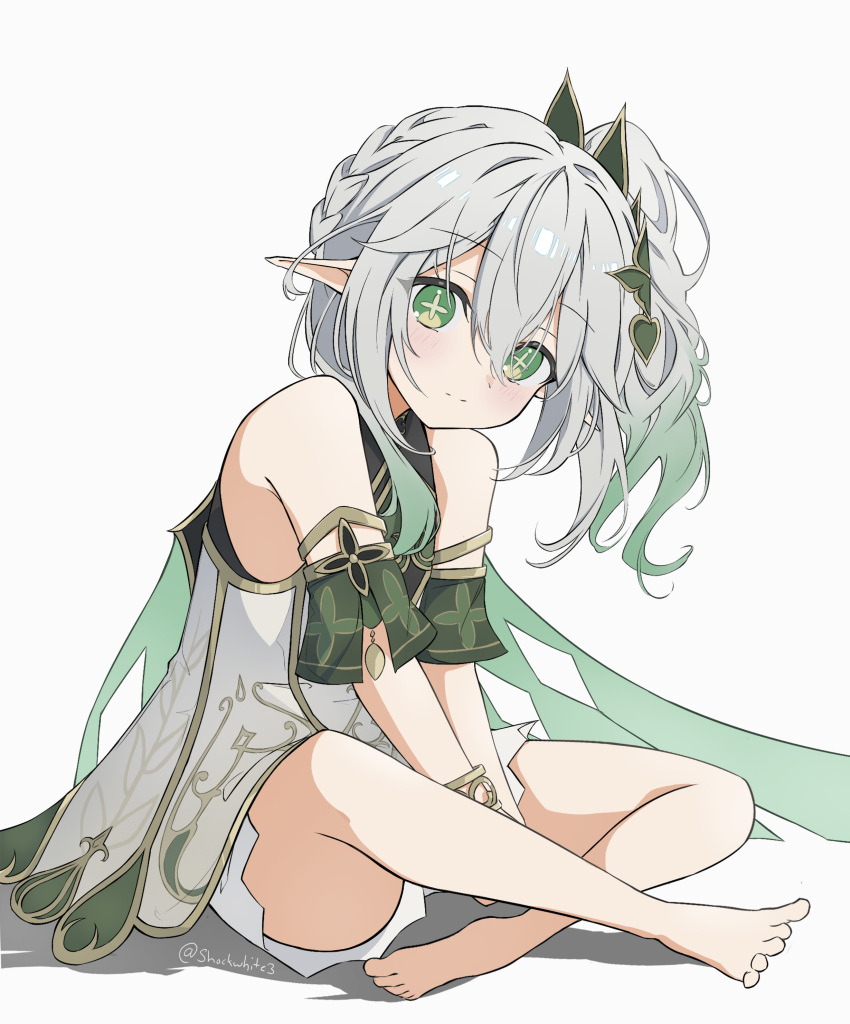 1girl, absurdres, bare_shoulders, barefoot, bloomers, blush, bracelet, cape