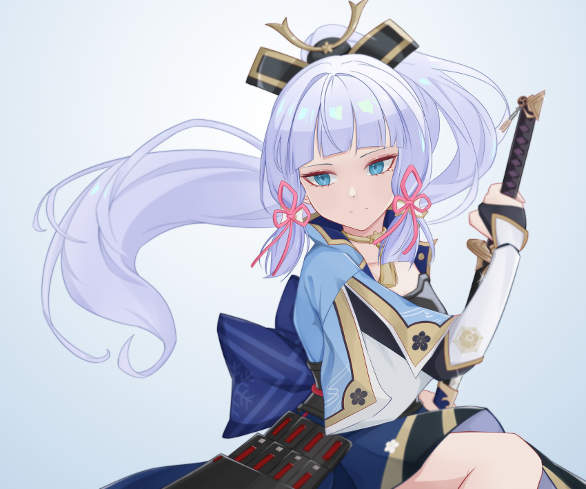 1girl, arm_guards, armor, blue_eyes, blue_hair, blue_jacket, blue_skirt, blunt_bangs