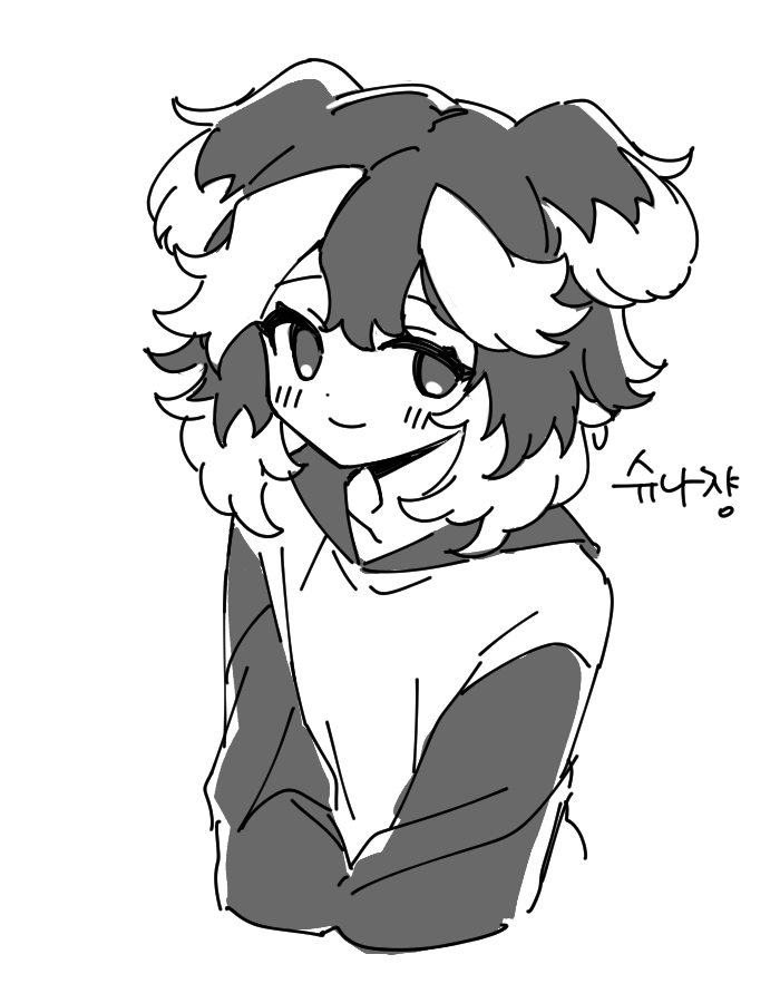 1girl, animal_ears, blush, collarbone, dog_ears, friedbirdchips, greyscale, hood