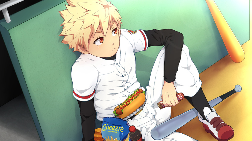 1boy, against_wall, bacchikoi!, baseball_bat, baseball_uniform, black_sleeves, black_socks, blonde_hair