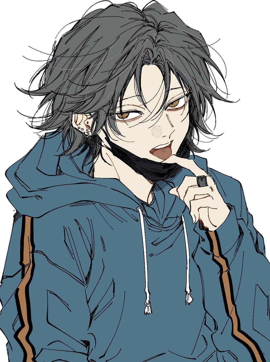 1boy, alternate_costume, black_eyes, black_hair, blue_hoodie, ear_piercing, feitan_portor, hand_up