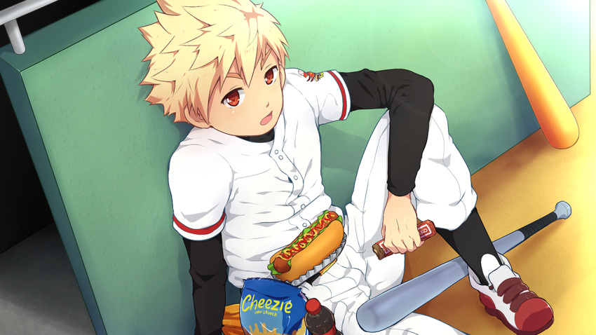 1boy, against_wall, bacchikoi!, baseball_bat, baseball_uniform, black_sleeves, black_socks, blonde_hair