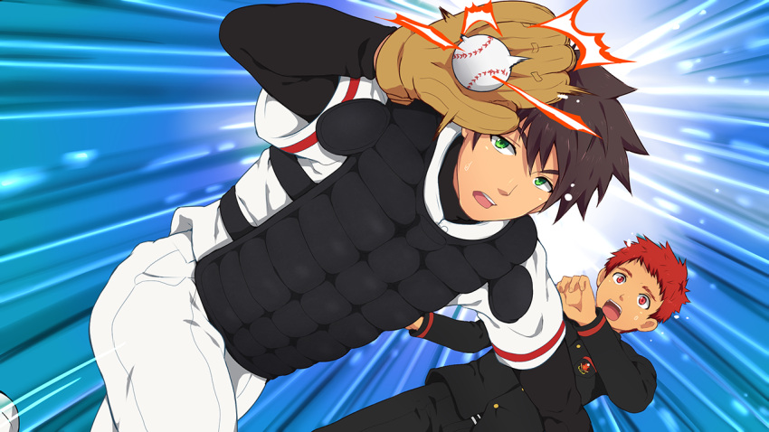 2boys, bacchikoi!, baseball, baseball_mitt, baseball_uniform, blue_background, catching, collaboration