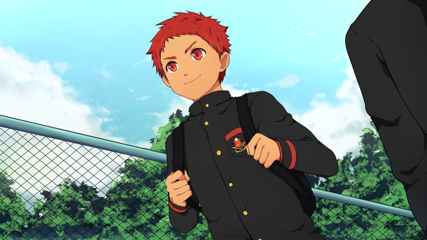 1boy, bacchikoi!, backpack, bag, blue_sky, buttons, chain-link_fence, closed_mouth