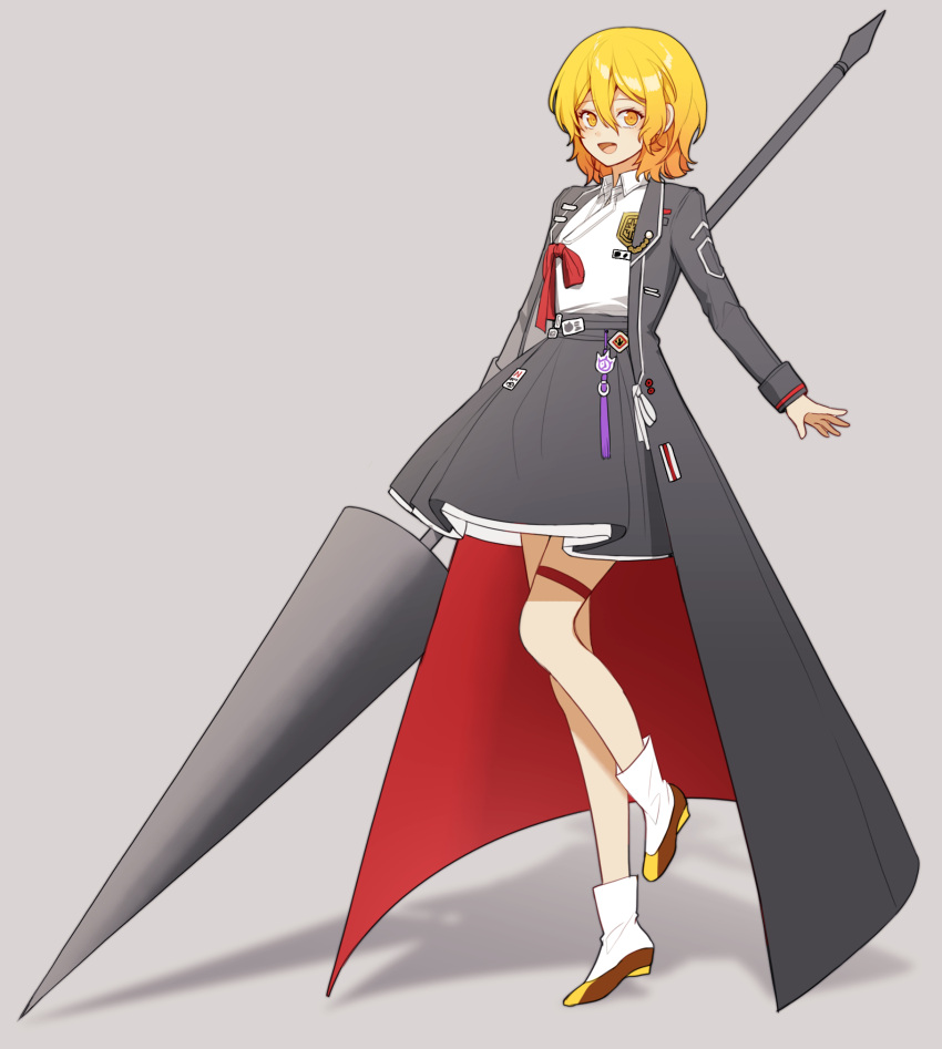 1girl, adapted_costume, badge, blonde_hair, dokgo_die_docta_(d_o_t), don_quixote_(limbus_company), full_body, grey_background, grey_skirt, hanbok, highres, holding, holding_polearm, holding_weapon, korean_clothes, lance, limbus_company, long_sleeves, medium_hair, open_mouth, polearm, project_moon, red_ribbon, ribbon, shirt, simple_background, skirt, smile, solo, sticker, thigh_strap, weapon, white_shirt, yellow_eyes