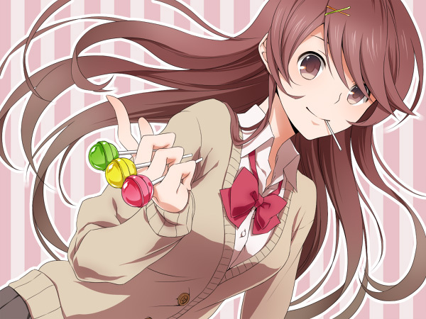 brown_eyes, brown_hair, candy, dutch_angle, hair_ornament, hairclip, lollipop, long_hair, lowres, original, school_uniform, solo, sweater_vest, waxwa