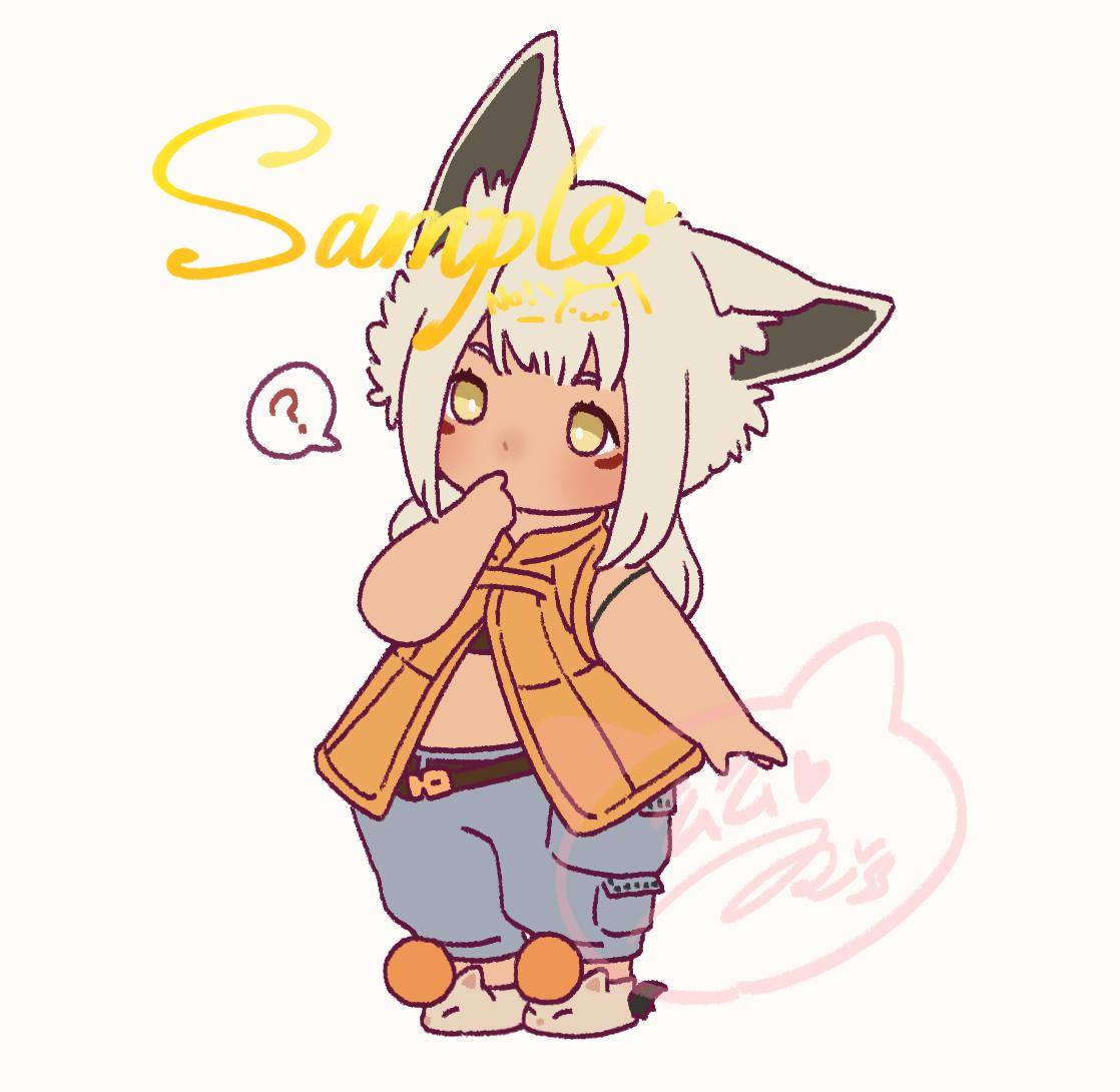 1girl, ?, animal_ears, artist_name, blue_pants, cat_ear_footwear, final_fantasy, final_fantasy_xiv, finger_to_mouth, full_body, grey_hair, hand_up, head_tilt, hua_hua_de_meme, jacket, lalafell, orange_jacket, original, pants, sample_watermark, sleeveless, sleeveless_jacket, solo, spoken_question_mark, white_background, yellow_eyes