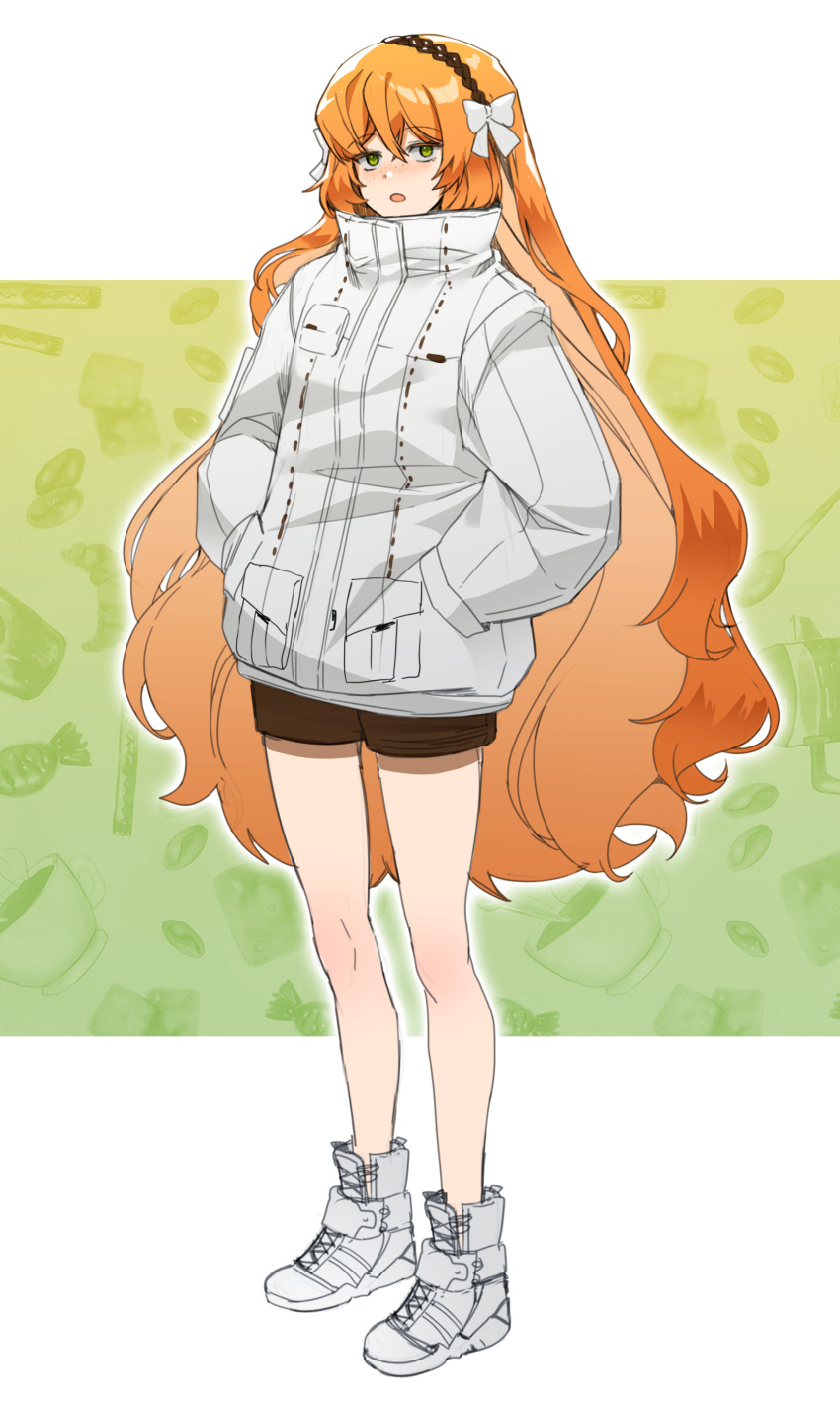 1girl, absurdres, blush, boots, bow, brown_hairband, brown_shorts, dokgo_die_docta_(d_o_t), full_body, green_eyes, hair_bow, hairband, hands_in_pockets, highres, ishmael_(limbus_company), jacket, limbus_company, long_hair, long_sleeves, looking_at_viewer, open_mouth, orange_hair, pocket, project_moon, shorts, solo, very_long_hair, white_bow, white_footwear, white_jacket