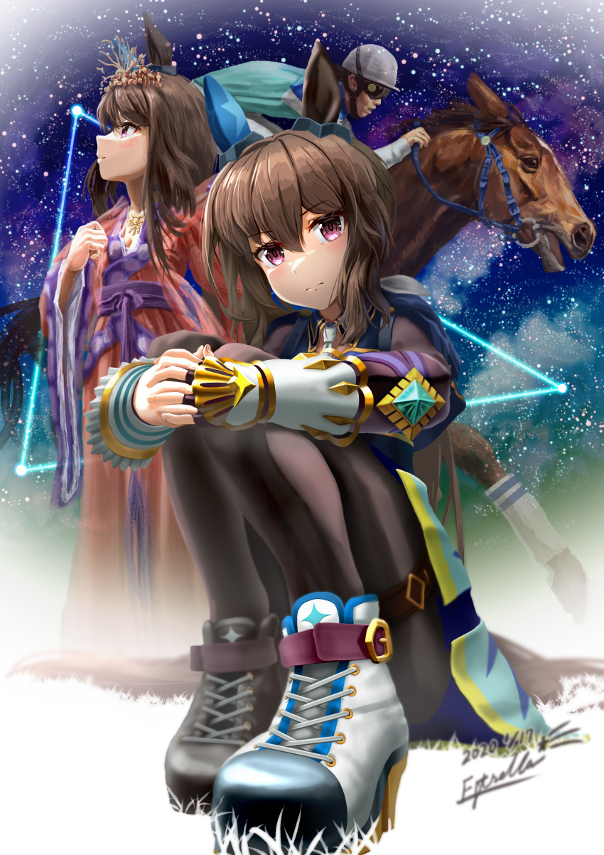 1boy, 2girls, absurdres, admire_vega_(racehorse), admire_vega_(umamusume), altair_(star), animal_ears, artist_name, black_pantyhose, blue_capelet, bracer, bridle, brown_hair, capelet, cosplay, creature_and_personification, dated, deneb_(star), ear_covers, ear_ornament, estrella_(uypu4574), gem, highres, holding, holding_reins, horse, horse_ears, horse_girl, japanese_clothes, jockey, kimono, looking_at_viewer, looking_up, multiple_girls, multiple_persona, name_connection, orihime, orihime_(cosplay), pantyhose, real_life, reins, shoes, signature, single_ear_cover, starry_background, tail, take_yutaka, tanabata, the_weaver_girl_and_the_cowherd, tiara, umamusume, vega_(star), violet_eyes, wide_sleeves