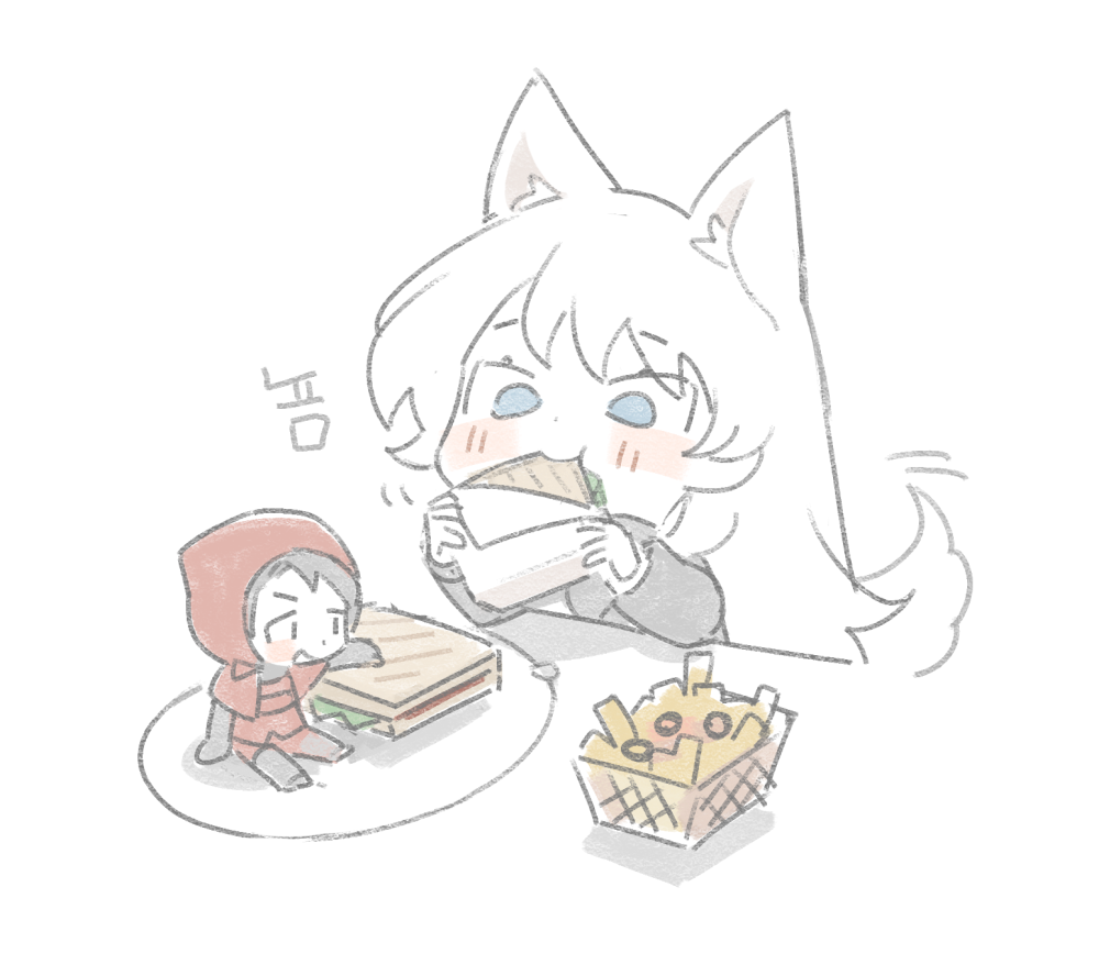 1boy, 1girl, angelica_(library_of_ruina), animal_ears, black_jacket, blue_eyes, capelet, eating