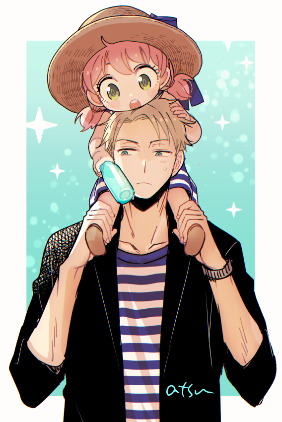 1boy, 1girl, :o, alternate_costume, anya_(spy_x_family), artist_name, black_shirt, blonde_hair, blush, bottle, closed_mouth, collarbone, father_and_daughter, frown, hands_up, hat, holding, holding_bottle, katagiri_atsuko, low_twintails, medium_hair, pink_hair, shirt, short_hair, spy_x_family, striped, striped_shirt, sun_hat, sweatdrop, teeth, twilight_(spy_x_family), twintails, upper_body, upper_teeth_only, watch, watch