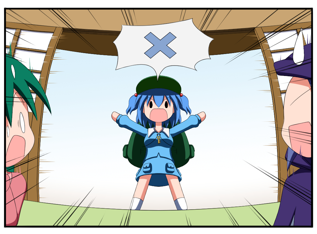 0_0, 3girls, \o/, arms_up, backpack, bag, blue_hair, blue_jacket