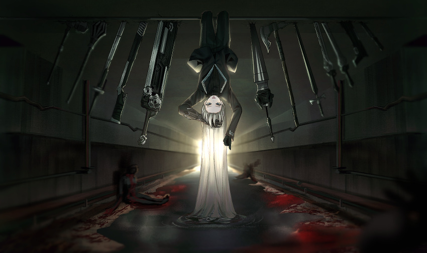 1girl, angelica_(library_of_ruina), axe, black_gloves, black_pants, black_sweater, blood, blue_eyes