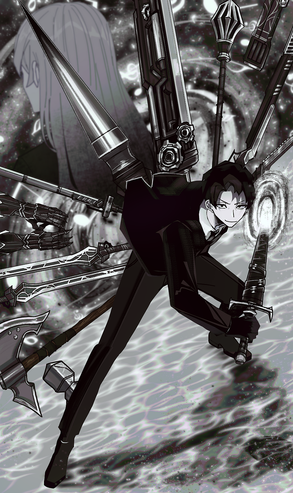 1boy, 1girl, angelica_(library_of_ruina), axe, black_footwear, black_gloves, black_jacket, black_necktie