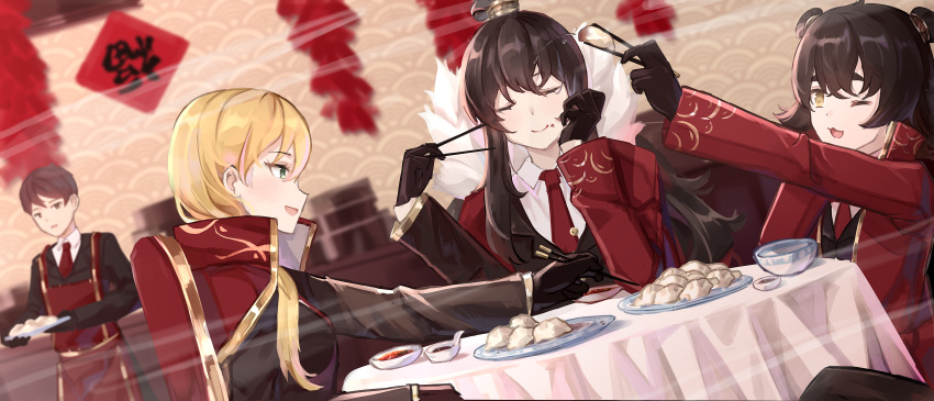 1boy, 3girls, :3, absurdres, apron, black_jacket, blonde_hair, bowl