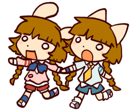 2girls, ambiguous_species, animal_ears, blue_ribbon, blue_socks, brown_hair, cat_ears, chibi