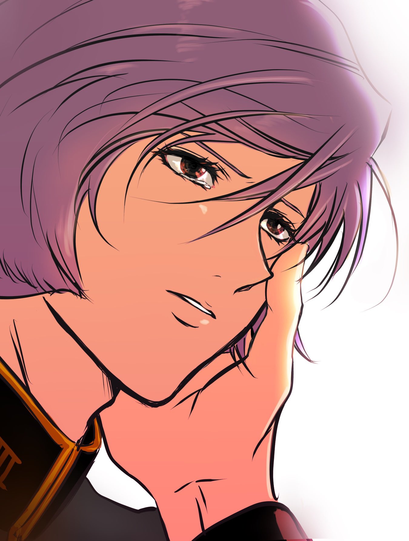 1boy, brown_eyes, garma_zabi, gundam, hair_between_eyes, hand_on_another's_cheek, hand_on_another's_face, high_collar