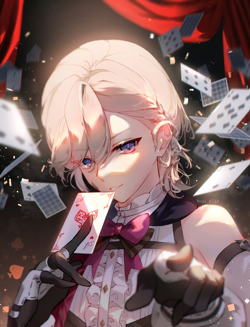 1boy, ace_of_hearts, androgynous, black_gloves, blonde_hair, bow, braid, card, detached_sleeves, genshin_impact, gloves, hair_over_one_eye, heart, highres, lyney_(genshin_impact), male_focus, medium_hair, nai_pizx, playing_card, red_bow, red_curtains, shirt, smile, solo, teeth, twitter_username, violet_eyes, white_shirt