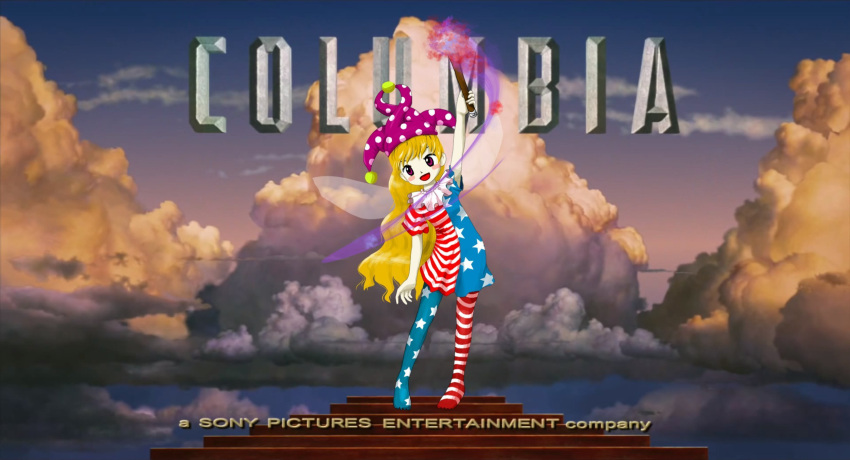 1girl, american_flag, american_flag_legwear, blonde_hair, cloud_background, clownpiece, columbia_pictures, fairy