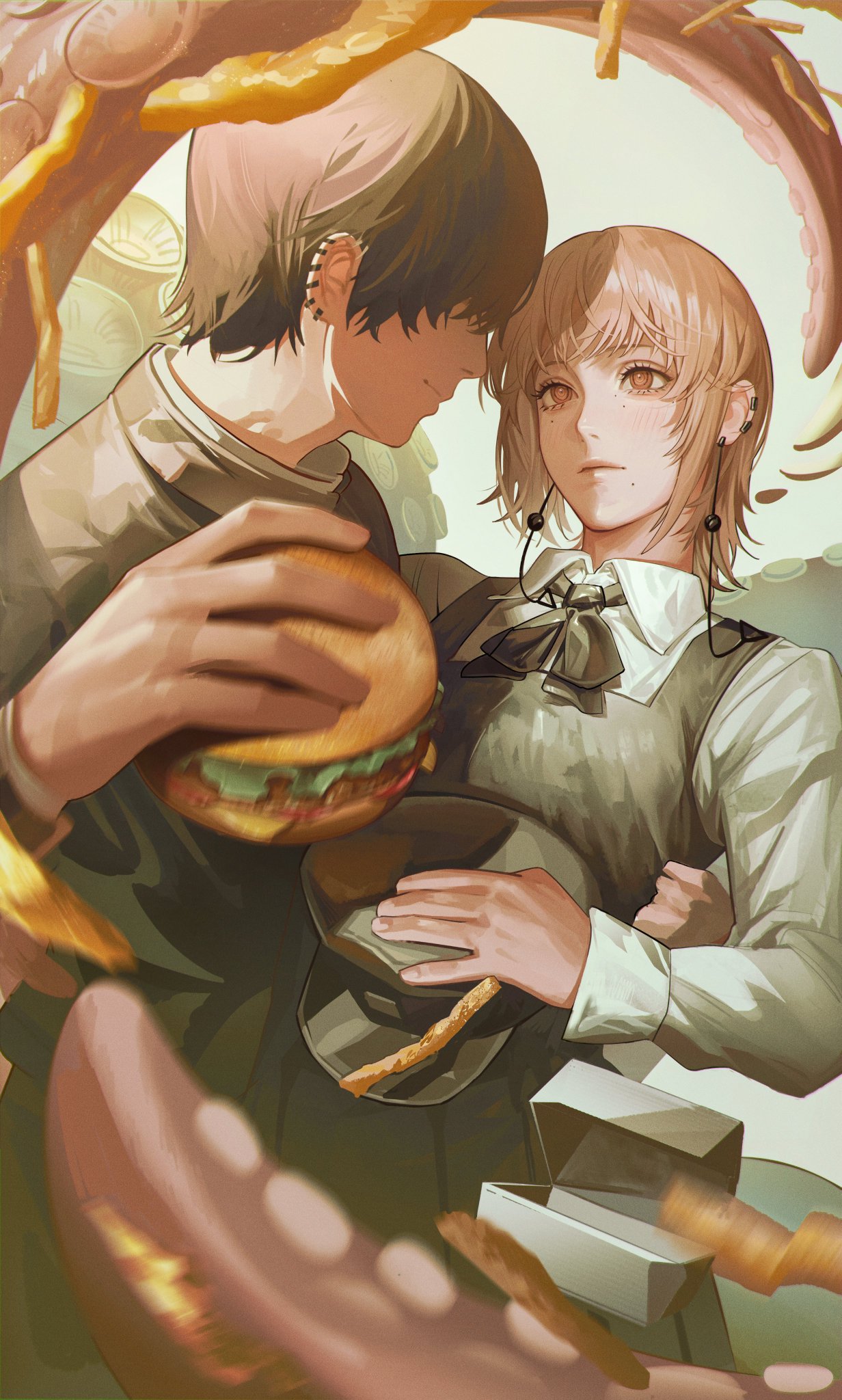 1boy, 1girl, black_hair, blunt_bangs, bonethide14663, burger, chainsaw_man, dress
