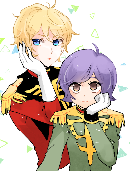 2boys, blonde_hair, blue_eyes, brown_eyes, char_aznable, closed_mouth, epaulettes, garma_zabi