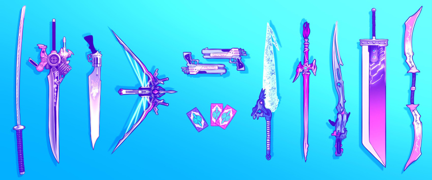 absurdres, aris_roth, artist_name, blazefire_saber, blue_background, brave_blade, buster_sword, card