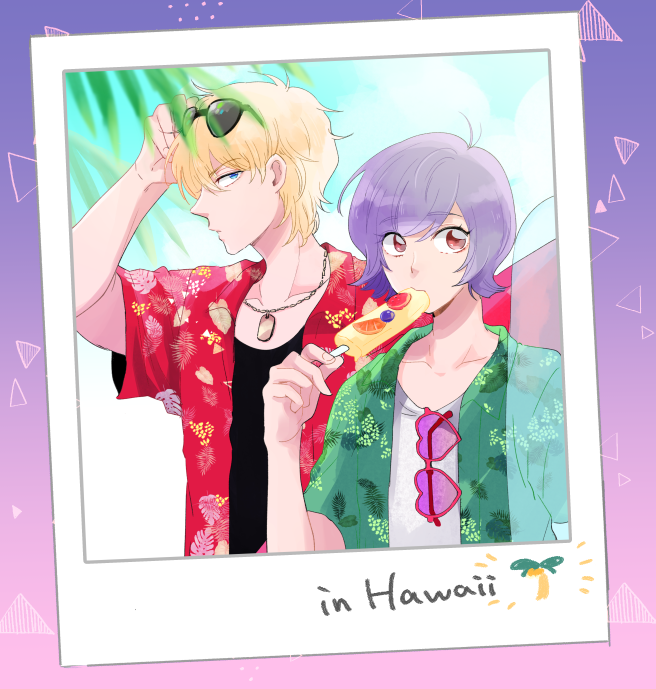 2boys, adjusting_eyewear, alternate_costume, black_shirt, blonde_hair, blue_eyes, blue_sky, char_aznable