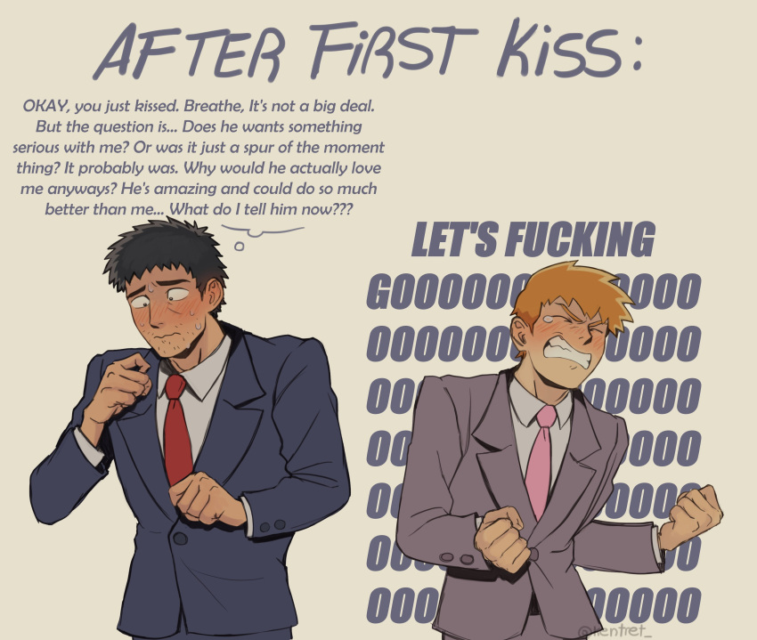 2boys, absurdres, after_first_kiss_(meme), black_hair, black_jacket, blush, clenched_hands, clenched_teeth, closed_mouth, embarrassed, english_text, grey_jacket, highres, jacket, kentret, male_focus, meme, mob_psycho_100, multiple_boys, necktie, orange_hair, reigen_arataka, serizawa_katsuya, shirt, short_hair, teeth, upper_body, white_shirt