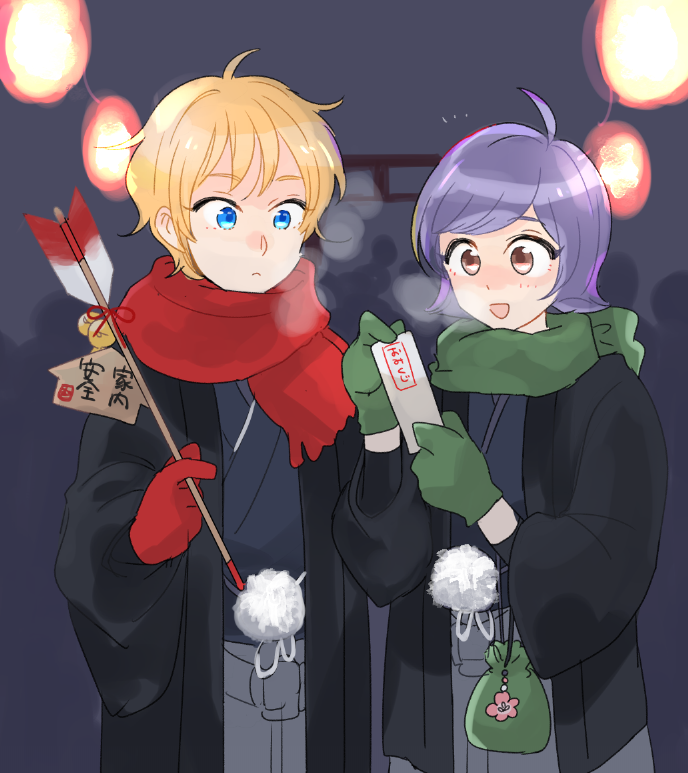 2boys, :d, alternate_costume, arrow_(projectile), blonde_hair, blue_eyes, breath, brown_eyes