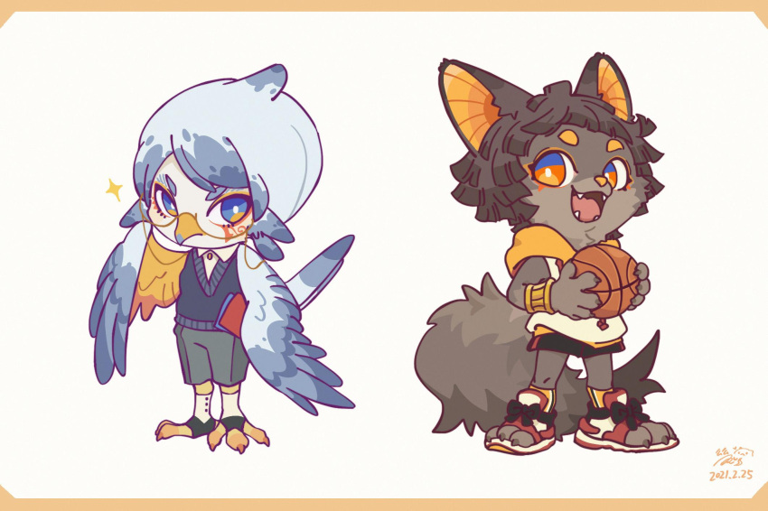 2boys, :d, animal_ears, anubis_(mythology), artist_name, ball, basketball_(object), beak