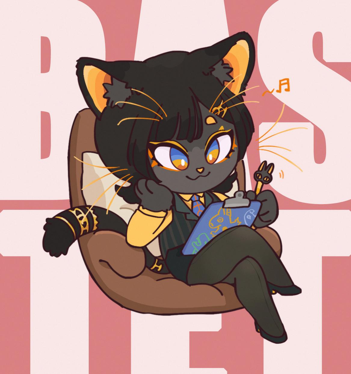 1girl, animal_ears, bastet_(mythology), black_footwear, black_fur, black_hair, black_skirt, black_vest