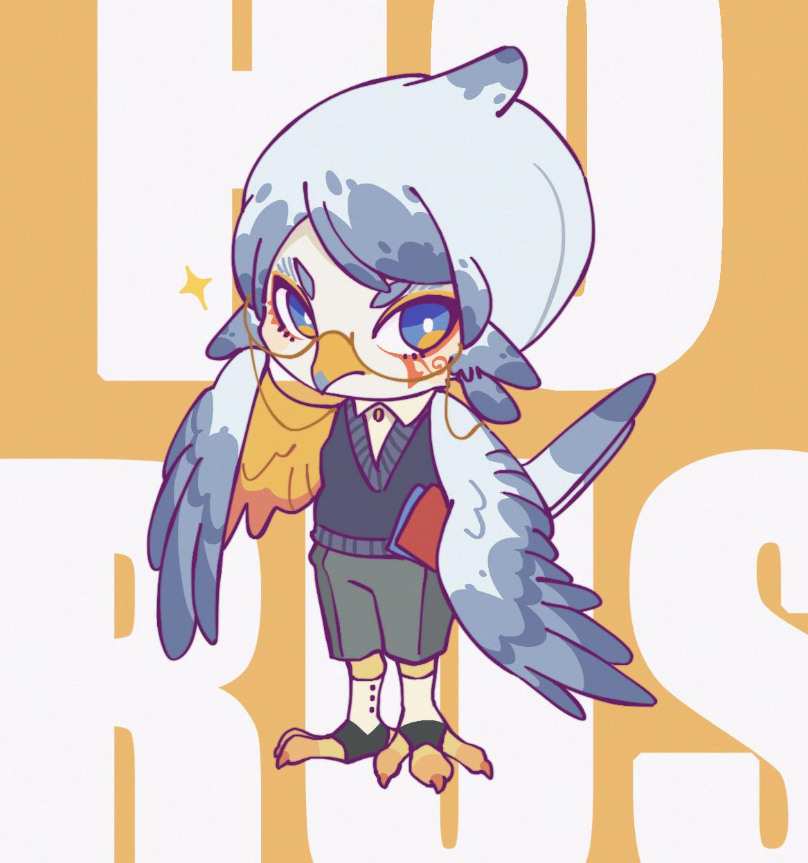 1boy, beak, bird_boy, bird_legs, bird_wings, blue_eyes, book, character_name