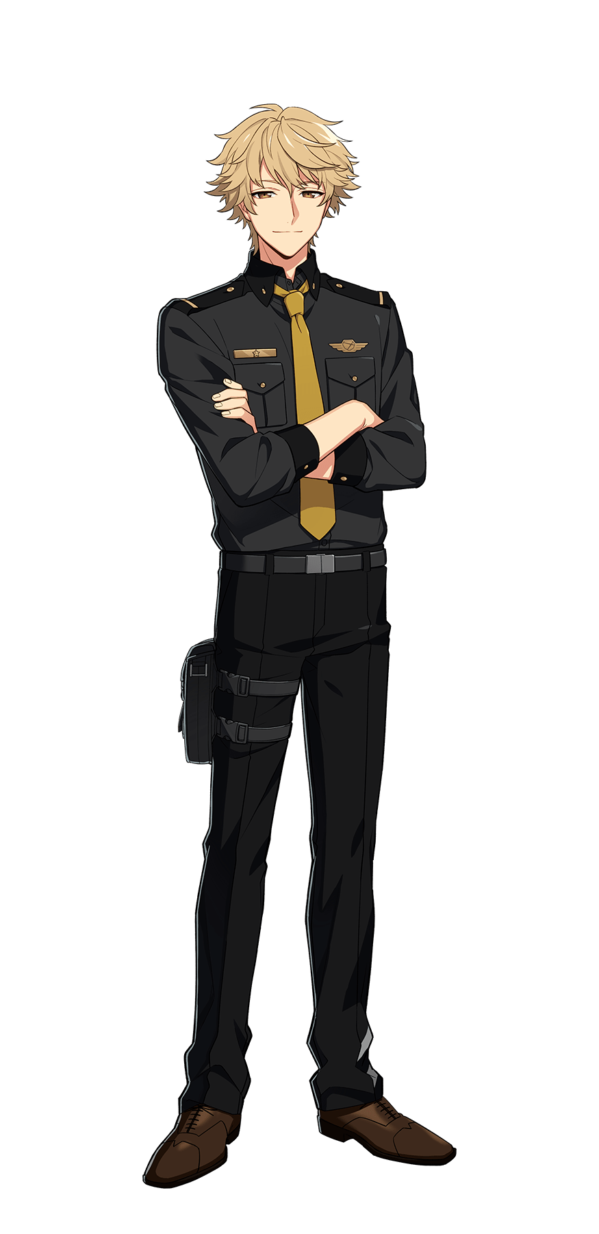 1boy, belt, black_pants, black_shirt, blonde_hair, breast_pocket, brown_footwear, closed_mouth