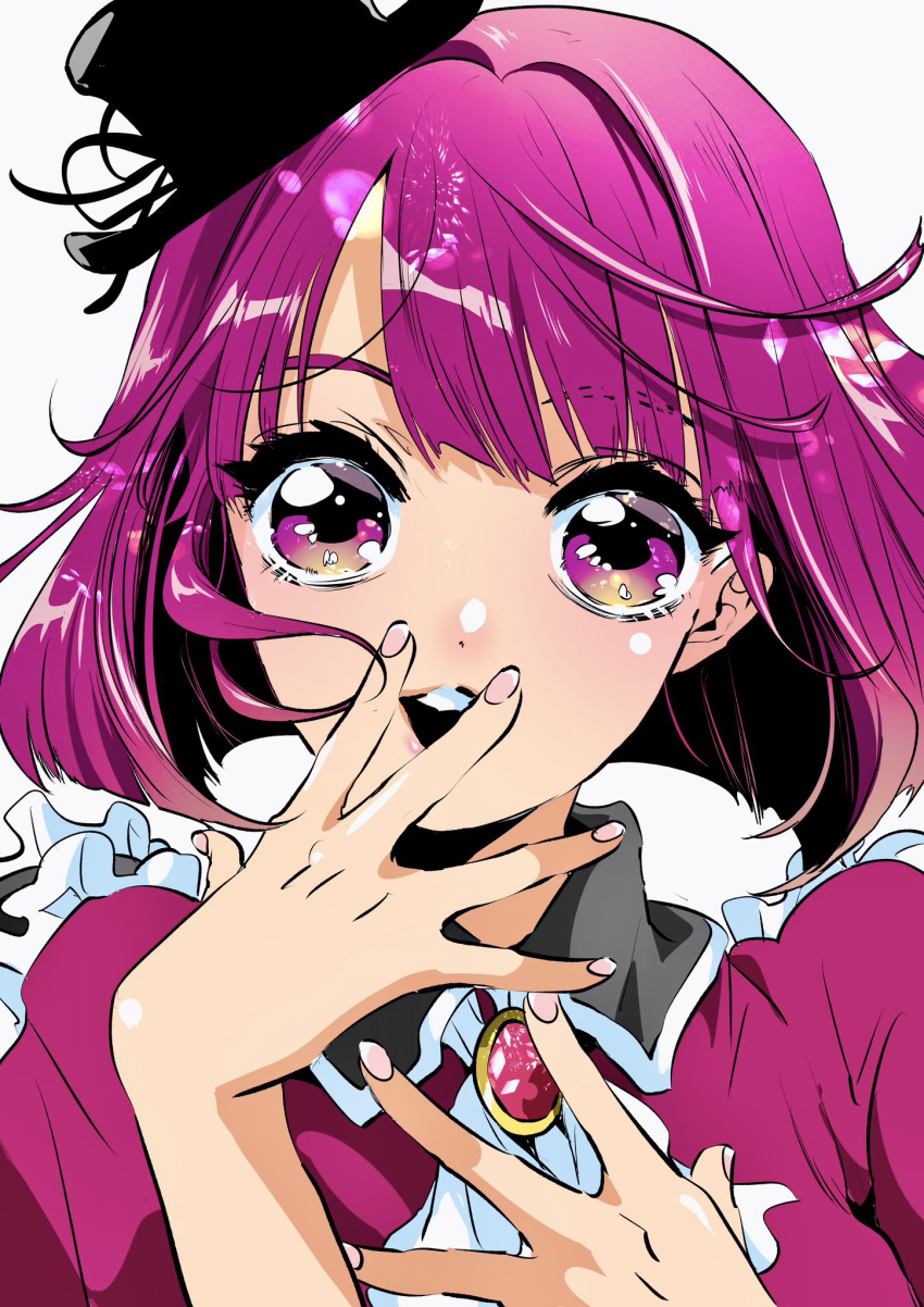 1girl, arima_kana, ascot, black_headwear, black_ribbon, bob_cut, collared_shirt, commentary