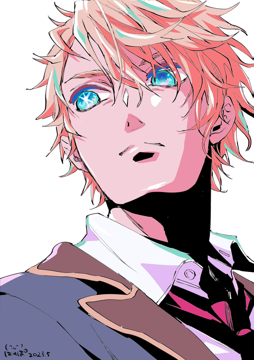 1boy, artist_name, blonde_hair, blue_eyes, blue_jacket, closed_mouth, collared_shirt, commentary