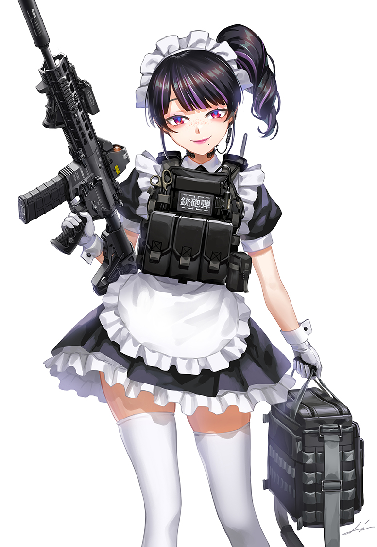 1girl, apron, assault_rifle, bag, black_dress, black_hair, chest_rig, dress, gloves, gun, holding, holding_bag, holding_gun, holding_weapon, kws, looking_at_viewer, maid, maid_apron, maid_headdress, mk_556, optical_sight, original, pink_eyes, rifle, side_ponytail, smile, solo, suppressor, tactical_maid, thigh-highs, thighs, unconventional_maid, weapon, white_apron, white_background, white_gloves, white_thighhighs