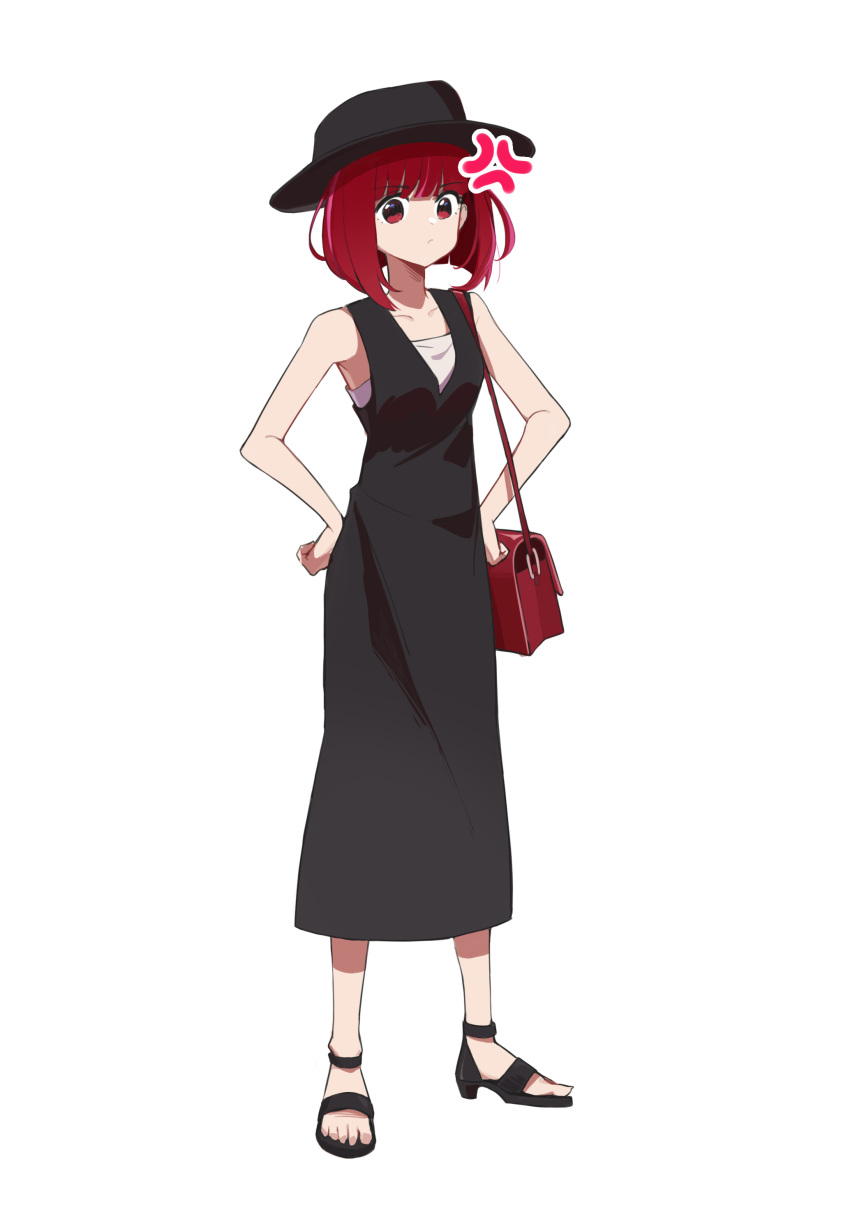 1girl, absurdres, anger_vein, arima_kana, bag, black_dress, black_footwear, black_headwear, bob_cut, closed_mouth, collarbone, commentary, dress, full_body, hands_on_own_hips, hat, highres, inverted_bob, ki26, looking_at_viewer, medium_hair, no_pupils, oshi_no_ko, red_eyes, redhead, sandals, shoulder_bag, simple_background, sleeveless, sleeveless_dress, solo, standing, white_background
