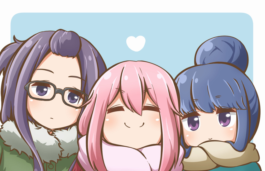 3girls, bangs_pinned_back, black_hair, blue_background, blue_hair, border, closed_eyes, closed_mouth