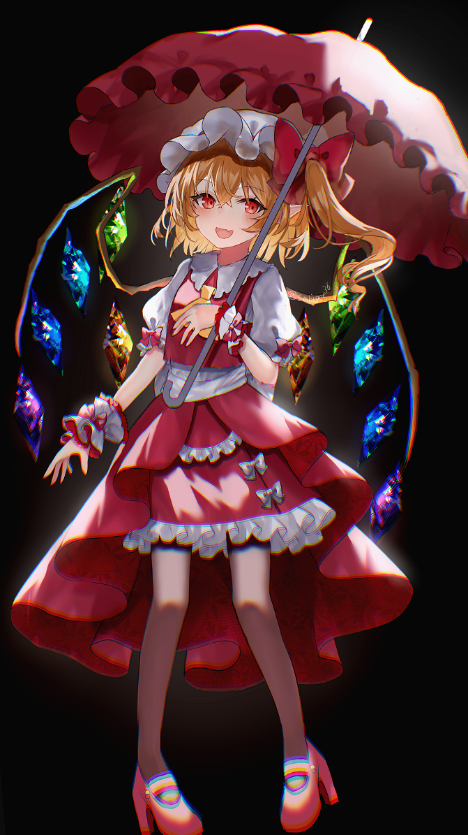 1girl, ascot, black_background, blonde_hair, blush, collared_shirt, crystal, fang, flandre_scarlet, hair_between_eyes, hat, high_heels, long_hair, mob_cap, one_side_up, open_mouth, red_eyes, red_footwear, red_skirt, red_vest, sakizaki_saki-p, shirt, short_sleeves, simple_background, skin_fang, skirt, smile, solo, touhou, umbrella, vest, white_headwear, white_shirt, wings, wrist_cuffs, yellow_ascot